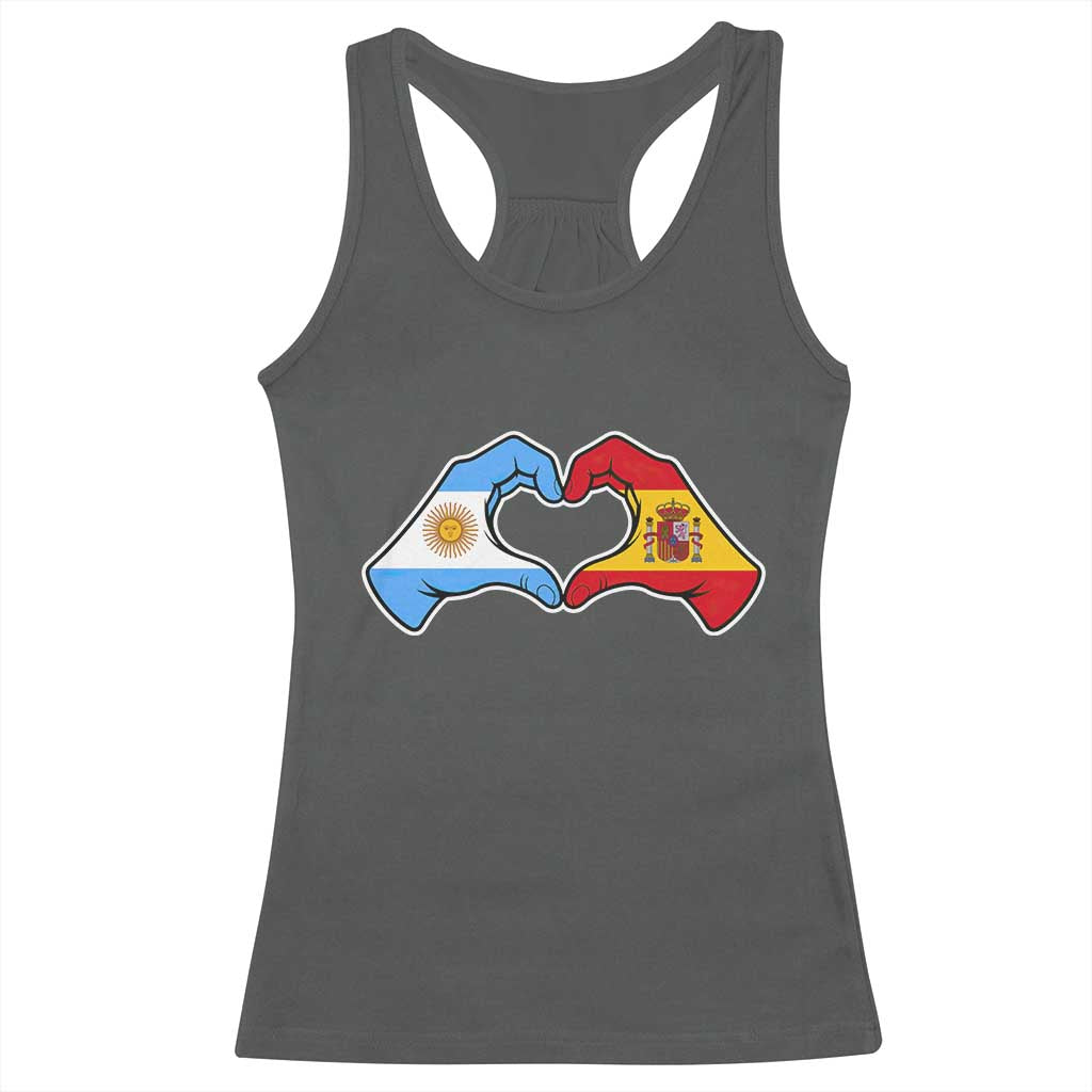 Argentina Spain Flag Heart Hands Graphic Racerback Tank Top Argentine Spanish Mixed Roots Pride Dual Heritage Match Day