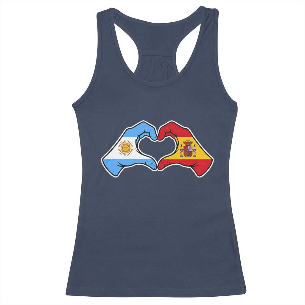 Argentina Spain Flag Heart Hands Graphic Racerback Tank Top Argentine Spanish Mixed Roots Pride Dual Heritage Match Day