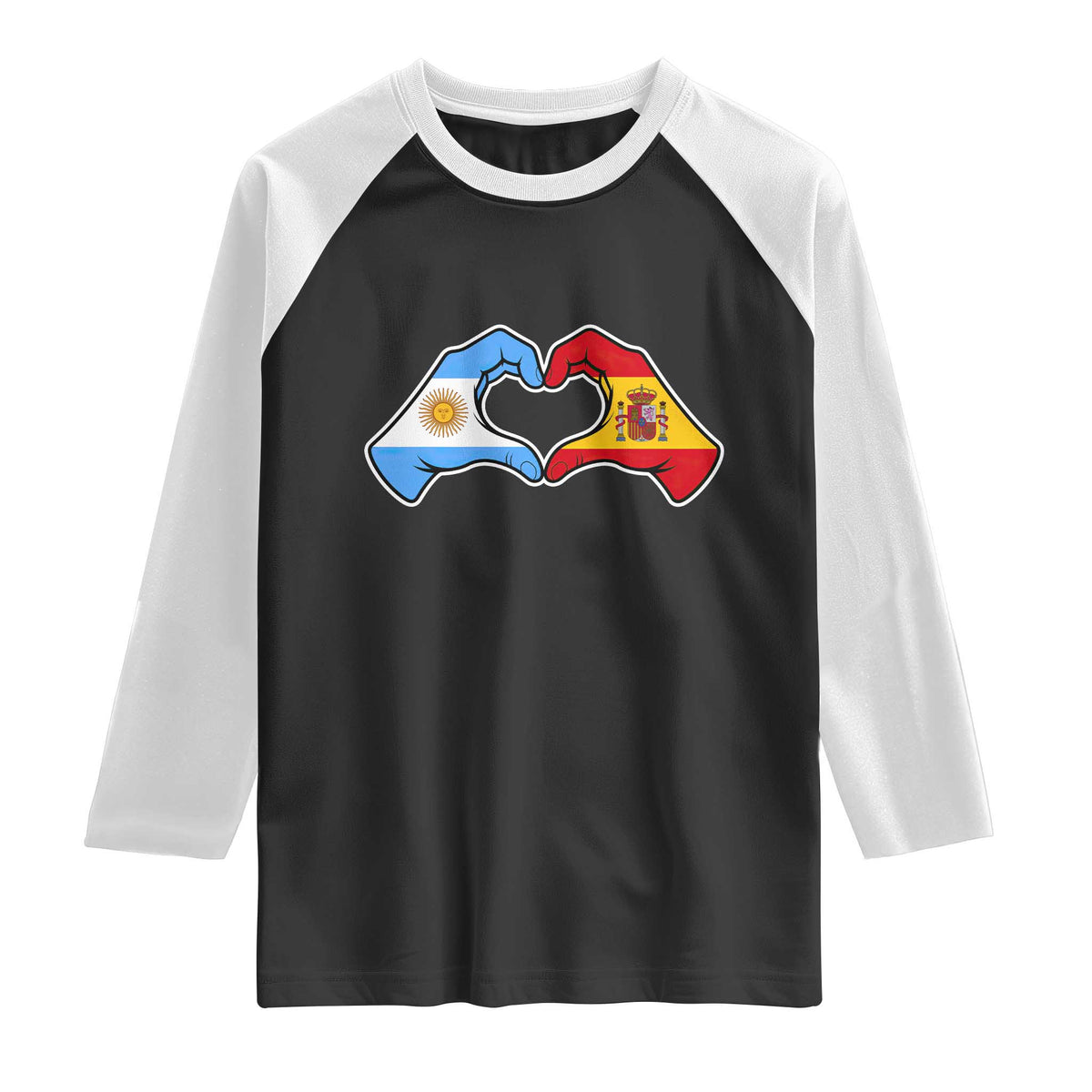 Argentina Spain Flag Heart Hands Graphic Raglan Shirt Argentine Spanish Mixed Roots Pride Dual Heritage Match Day