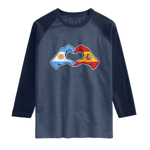 Argentina Spain Flag Heart Hands Graphic Raglan Shirt Argentine Spanish Mixed Roots Pride Dual Heritage Match Day