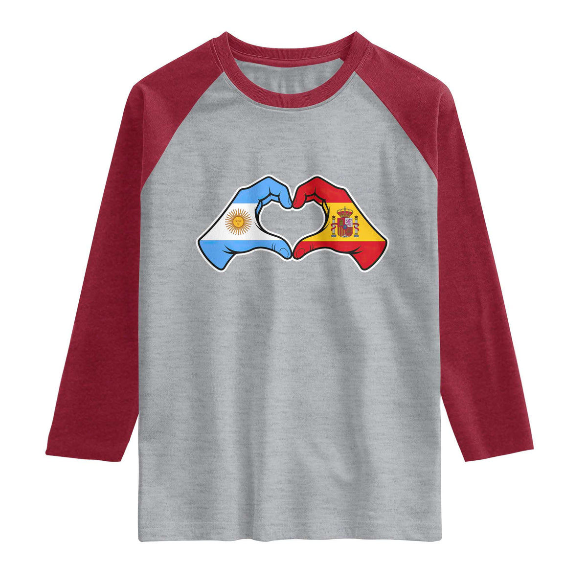 Argentina Spain Flag Heart Hands Graphic Raglan Shirt Argentine Spanish Mixed Roots Pride Dual Heritage Match Day
