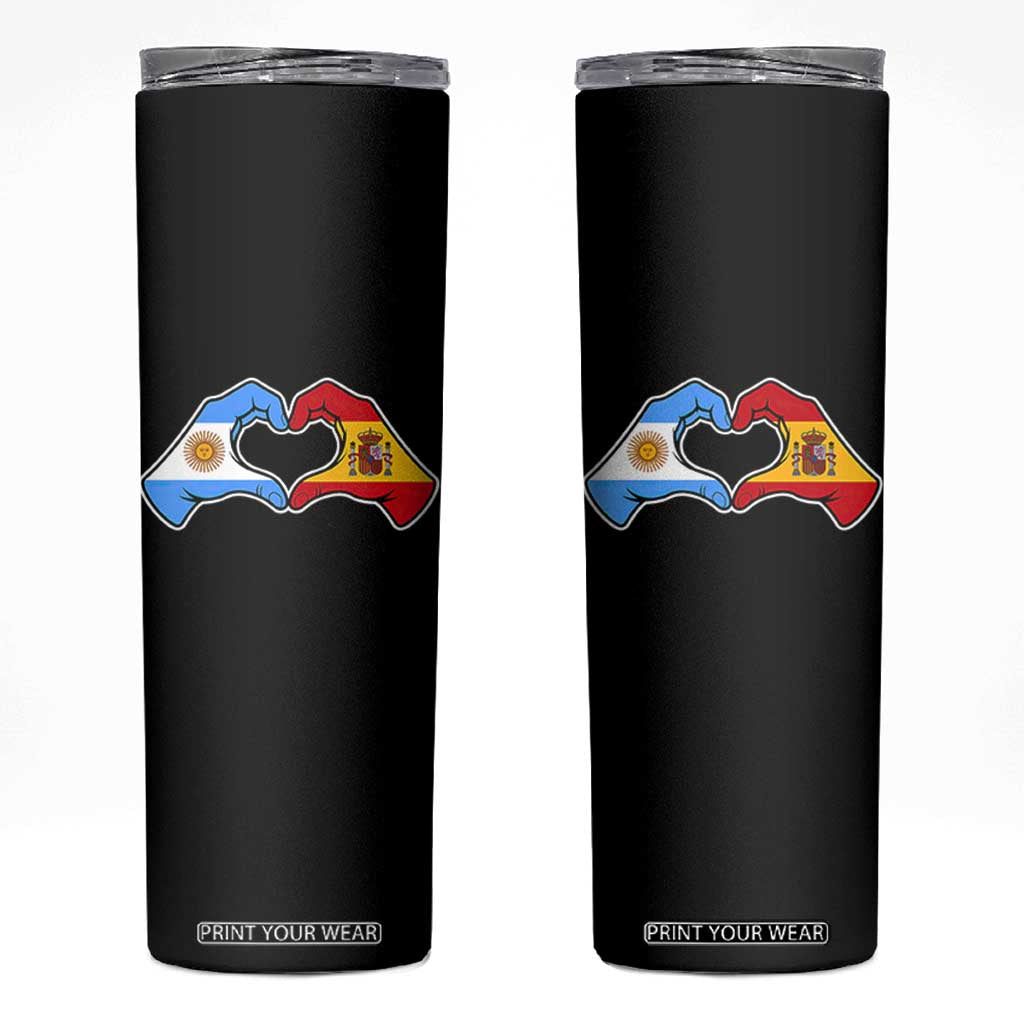 Argentina Spain Flag Heart Hands Graphic Skinny Tumbler Argentine Spanish Mixed Roots Pride Dual Heritage Match Day