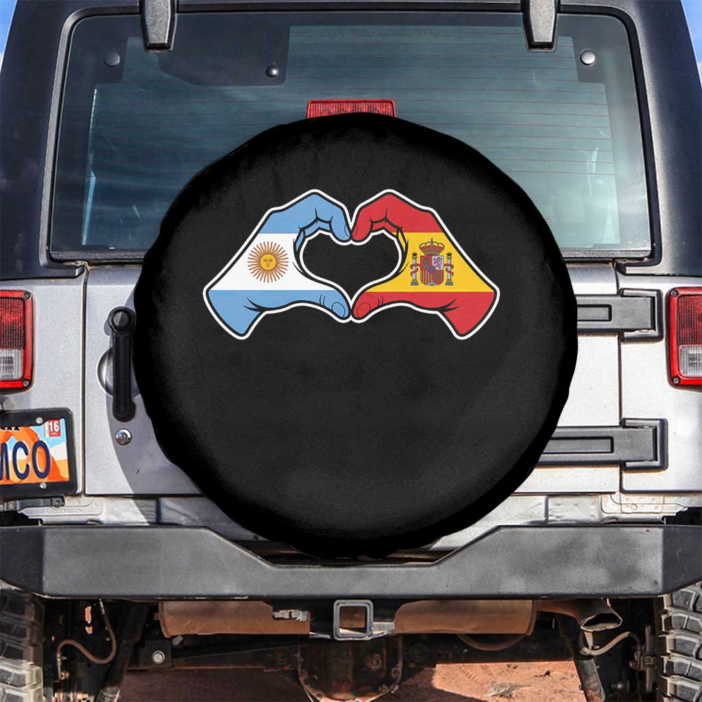 Argentina Spain Flag Heart Hands Graphic Spare Tire Cover Argentine Spanish Mixed Roots Pride Dual Heritage Match Day TS02 No hole Black Print Your Wear