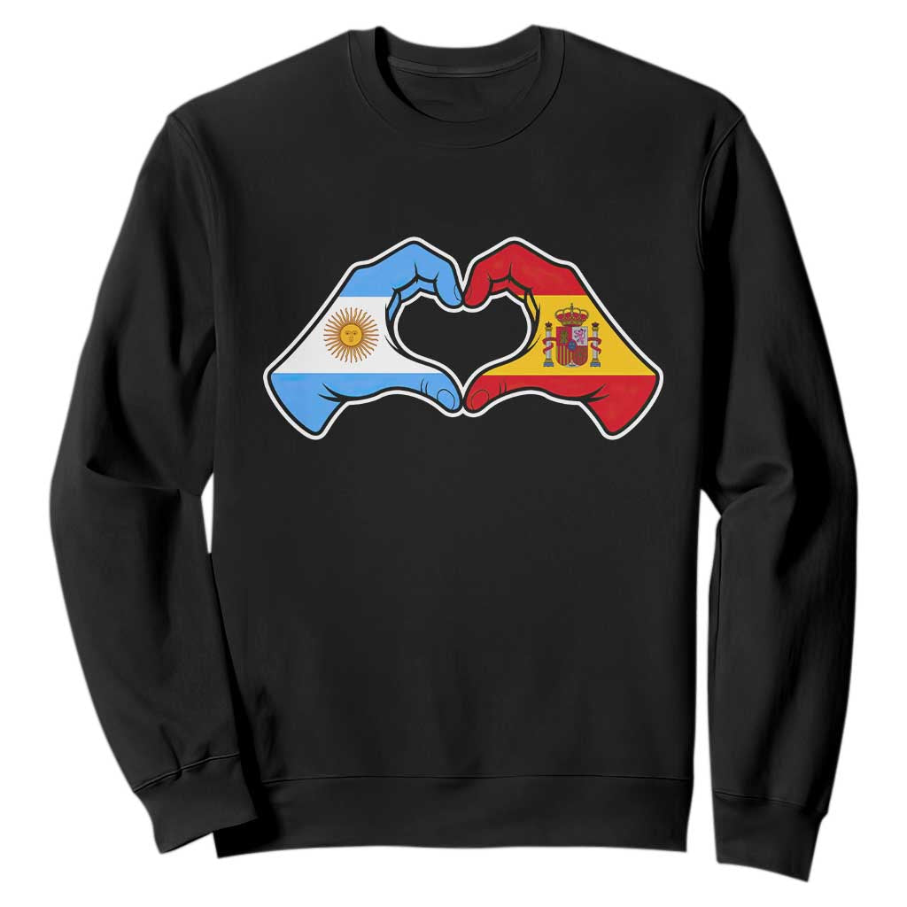 Argentina Spain Flag Heart Hands Graphic Sweatshirt Argentine Spanish Mixed Roots Pride Dual Heritage Match Day