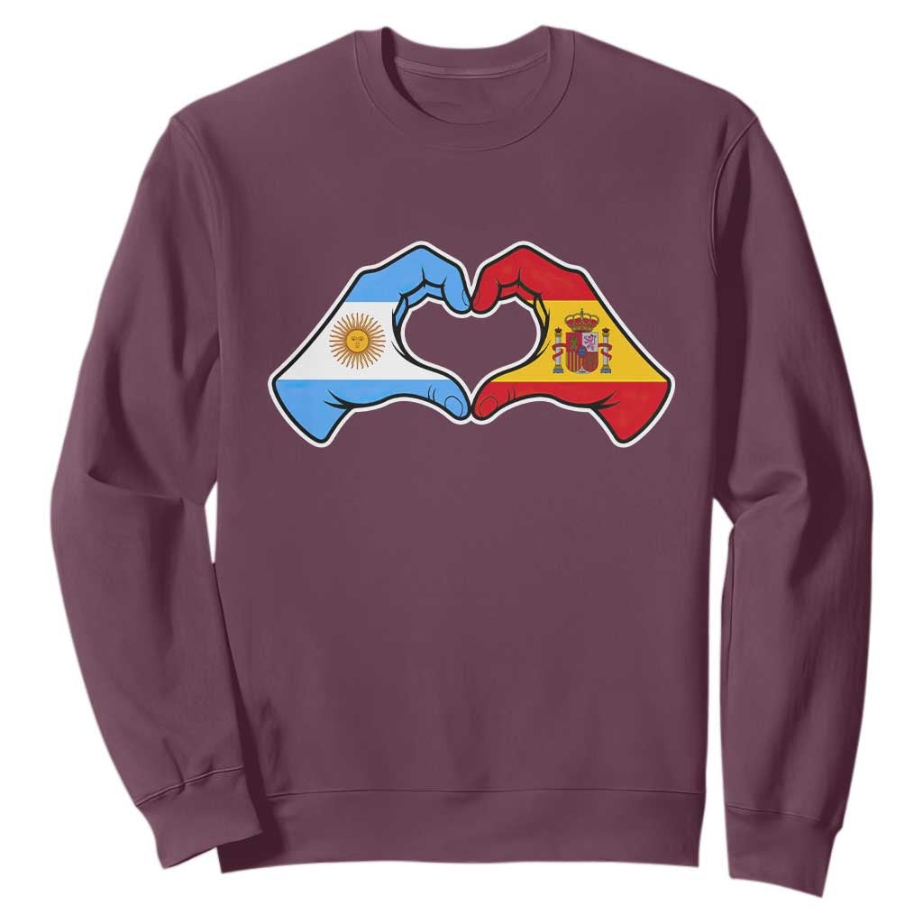Argentina Spain Flag Heart Hands Graphic Sweatshirt Argentine Spanish Mixed Roots Pride Dual Heritage Match Day