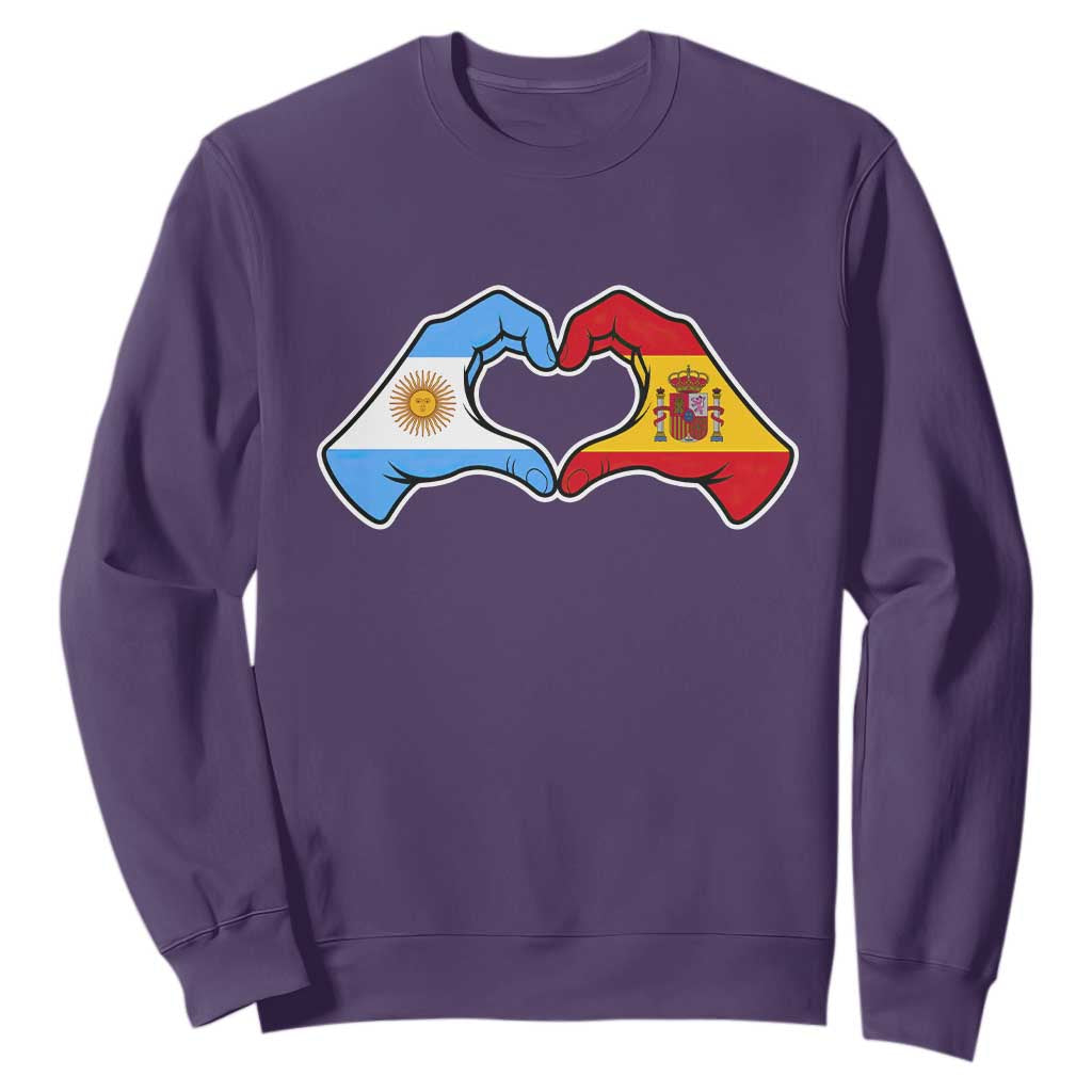 Argentina Spain Flag Heart Hands Graphic Sweatshirt Argentine Spanish Mixed Roots Pride Dual Heritage Match Day
