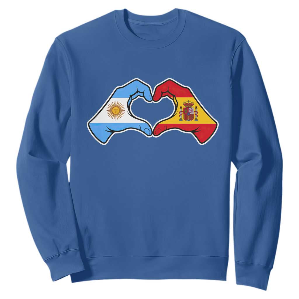 Argentina Spain Flag Heart Hands Graphic Sweatshirt Argentine Spanish Mixed Roots Pride Dual Heritage Match Day