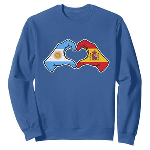Argentina Spain Flag Heart Hands Graphic Sweatshirt Argentine Spanish Mixed Roots Pride Dual Heritage Match Day