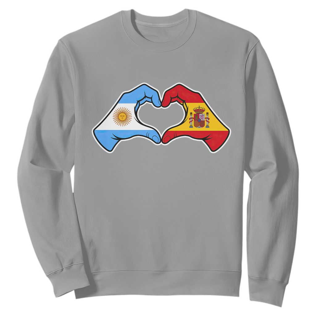 Argentina Spain Flag Heart Hands Graphic Sweatshirt Argentine Spanish Mixed Roots Pride Dual Heritage Match Day