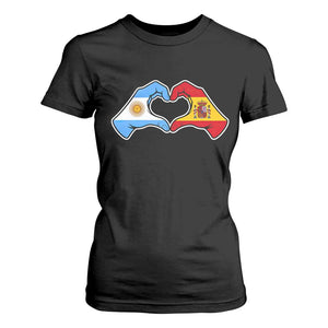 Argentina Spain Flag Heart Hands Graphic T Shirt For Women Argentine Spanish Mixed Roots Pride Dual Heritage Match Day