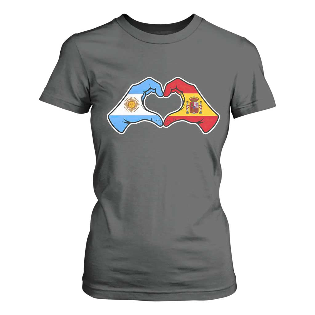 Argentina Spain Flag Heart Hands Graphic T Shirt For Women Argentine Spanish Mixed Roots Pride Dual Heritage Match Day