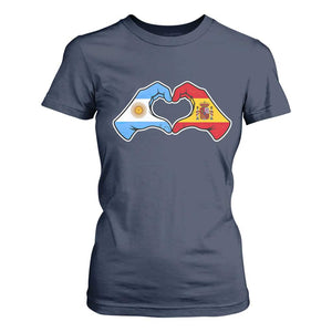 Argentina Spain Flag Heart Hands Graphic T Shirt For Women Argentine Spanish Mixed Roots Pride Dual Heritage Match Day