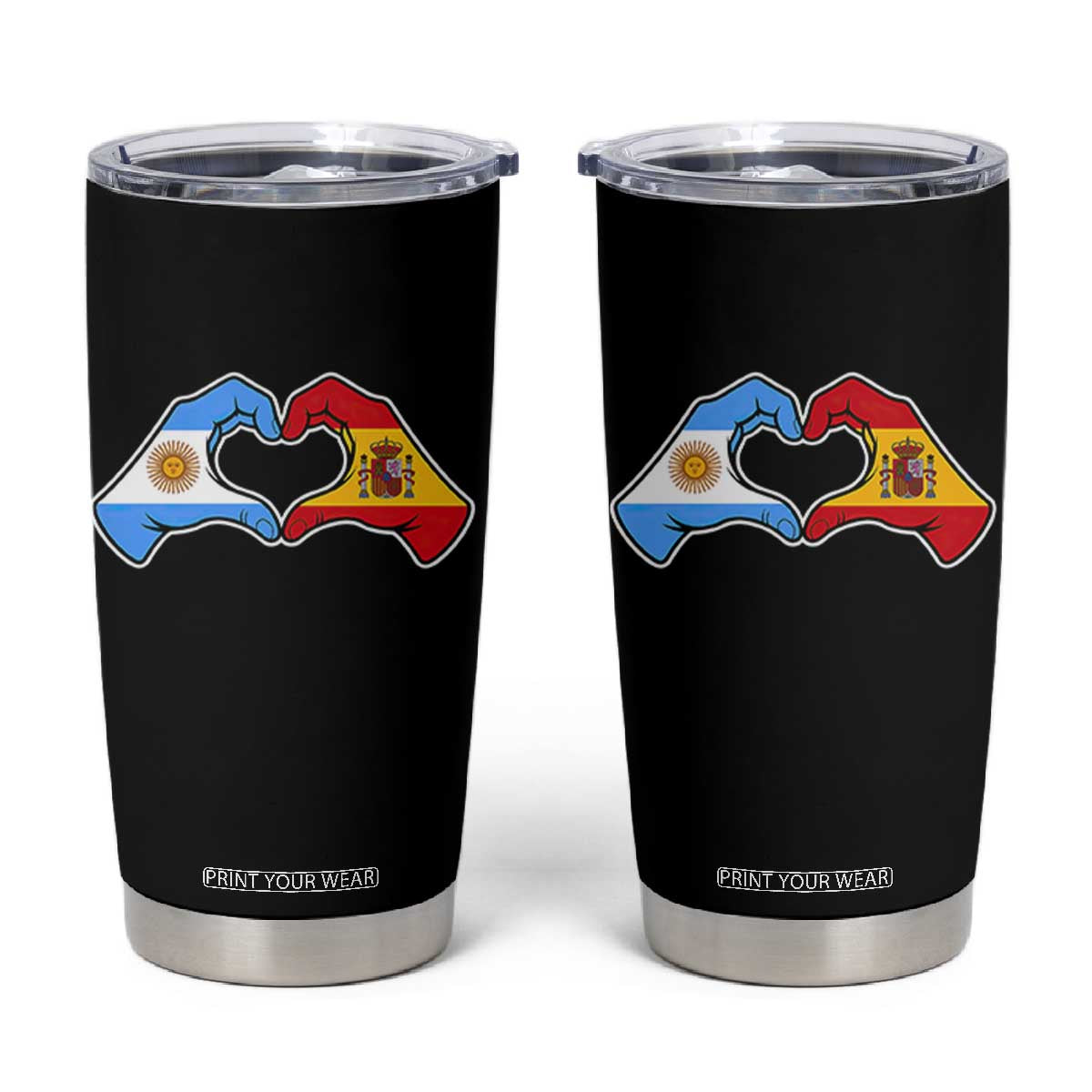Argentina Spain Flag Heart Hands Graphic Tumbler Cup Argentine Spanish Mixed Roots Pride Dual Heritage Match Day TS02 Black Print Your Wear