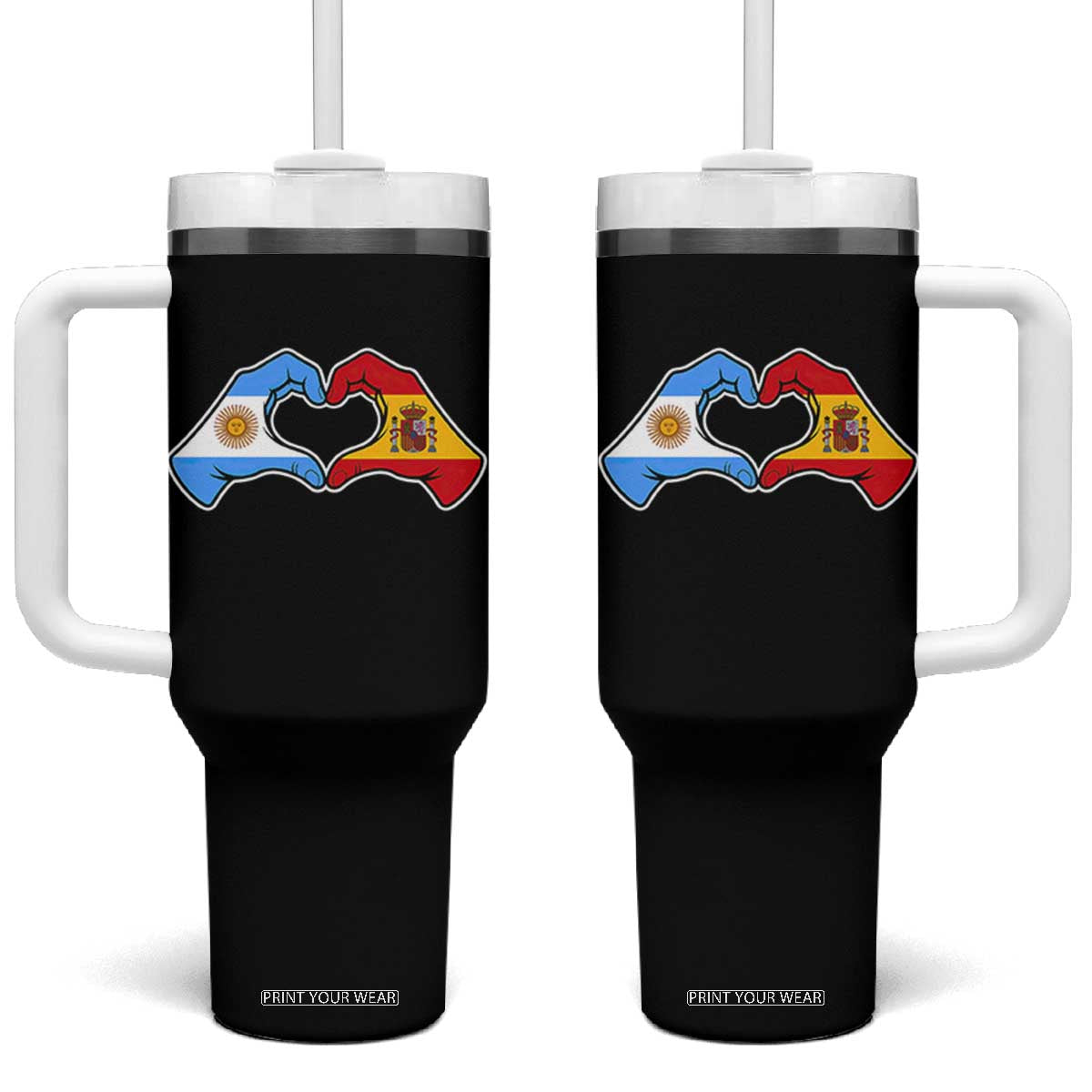 Argentina Spain Flag Heart Hands Graphic Tumbler With Handle Argentine Spanish Mixed Roots Pride Dual Heritage Match Day TS02 One Size: 40 oz Black Print Your Wear