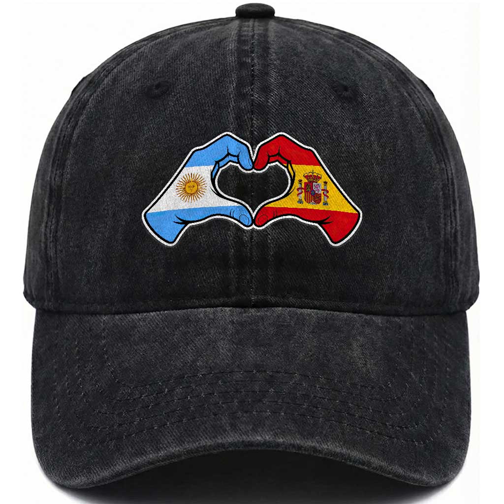 Argentina Spain Flag Heart Hands Graphic Washed Cotton Baseball Cap Argentine Spanish Mixed Roots Pride Dual Heritage Match Day TS02 Print Your Wear