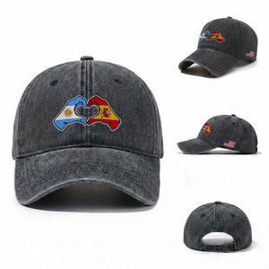 Argentina Spain Flag Heart Hands Graphic Washed Cotton Baseball Cap Argentine Spanish Mixed Roots Pride Dual Heritage Match Day