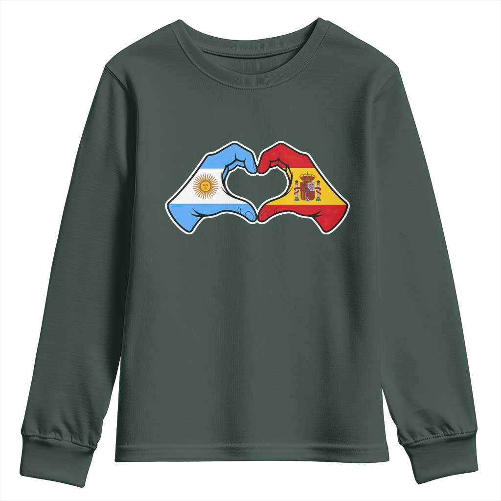 Argentina Spain Flag Heart Hands Graphic Youth Sweatshirt Argentine Spanish Mixed Roots Pride Dual Heritage Match Day