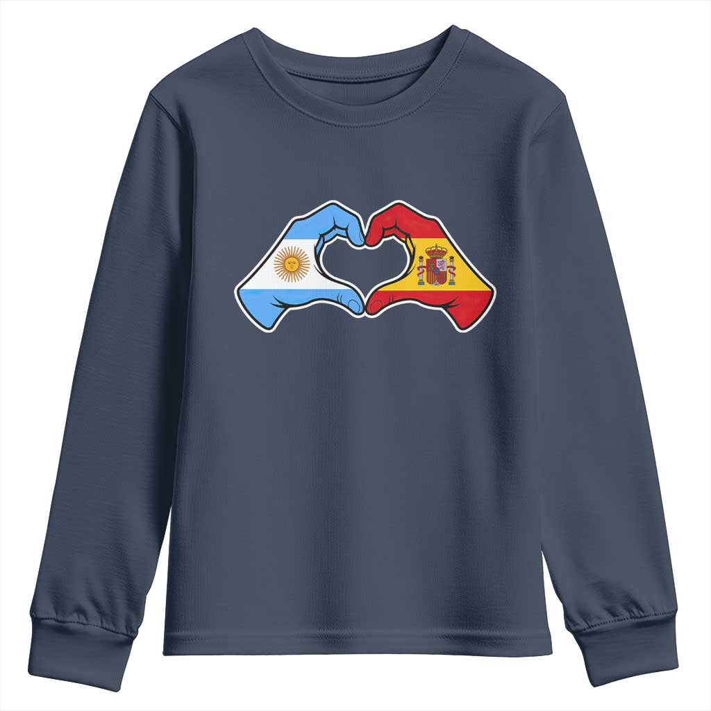 Argentina Spain Flag Heart Hands Graphic Youth Sweatshirt Argentine Spanish Mixed Roots Pride Dual Heritage Match Day