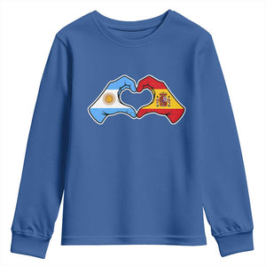 Argentina Spain Flag Heart Hands Graphic Youth Sweatshirt Argentine Spanish Mixed Roots Pride Dual Heritage Match Day