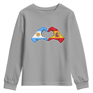 Argentina Spain Flag Heart Hands Graphic Youth Sweatshirt Argentine Spanish Mixed Roots Pride Dual Heritage Match Day