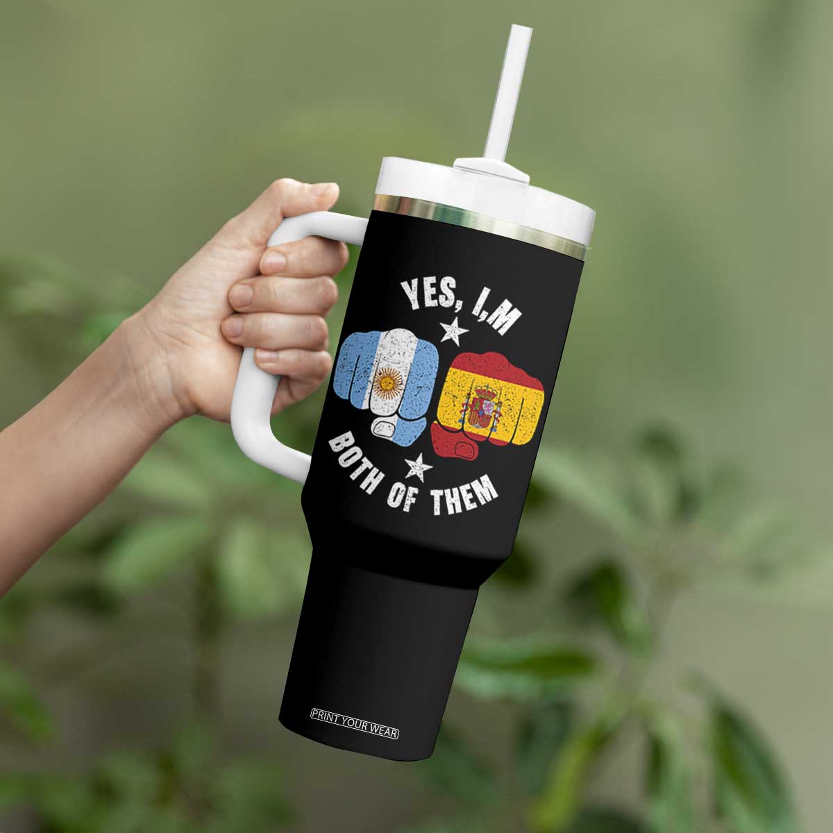 Yes Im Both Of Them Argentina Spain Fist Bump Graphic Tumbler With Handle Proud Spanish Argentine Dual Heritage Pride Match Day