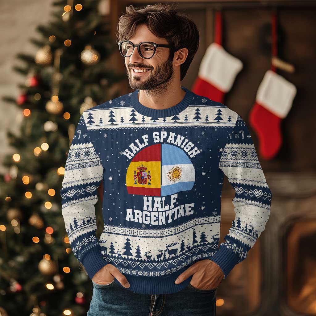 Half Spanish Half Argentine Flag Graphic Ugly Christmas Sweater Proud Spain Argentina Dual Heritage Pride