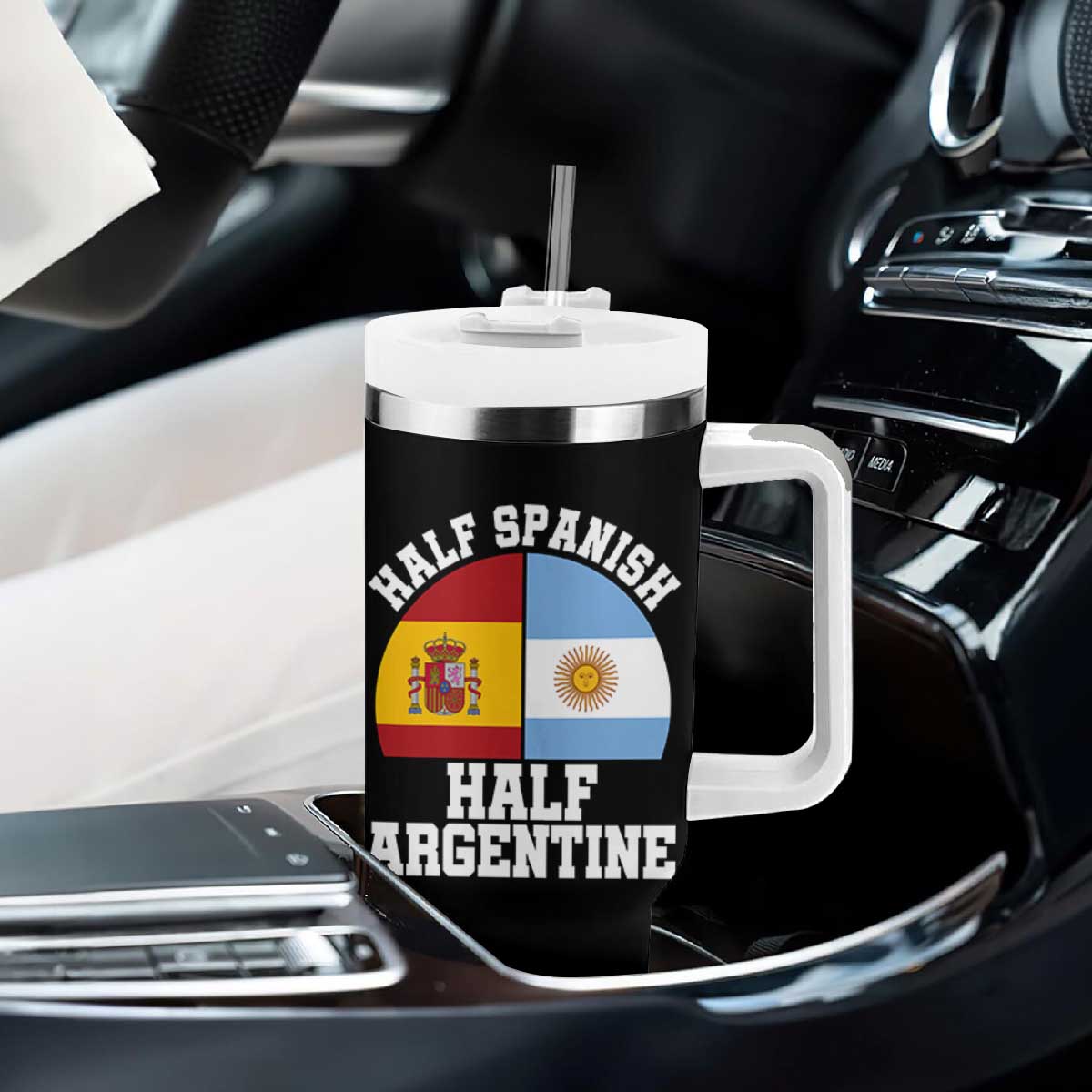 Half Spanish Half Argentine Flag Graphic Tumbler With Handle Proud Spain Argentina Dual Heritage Pride