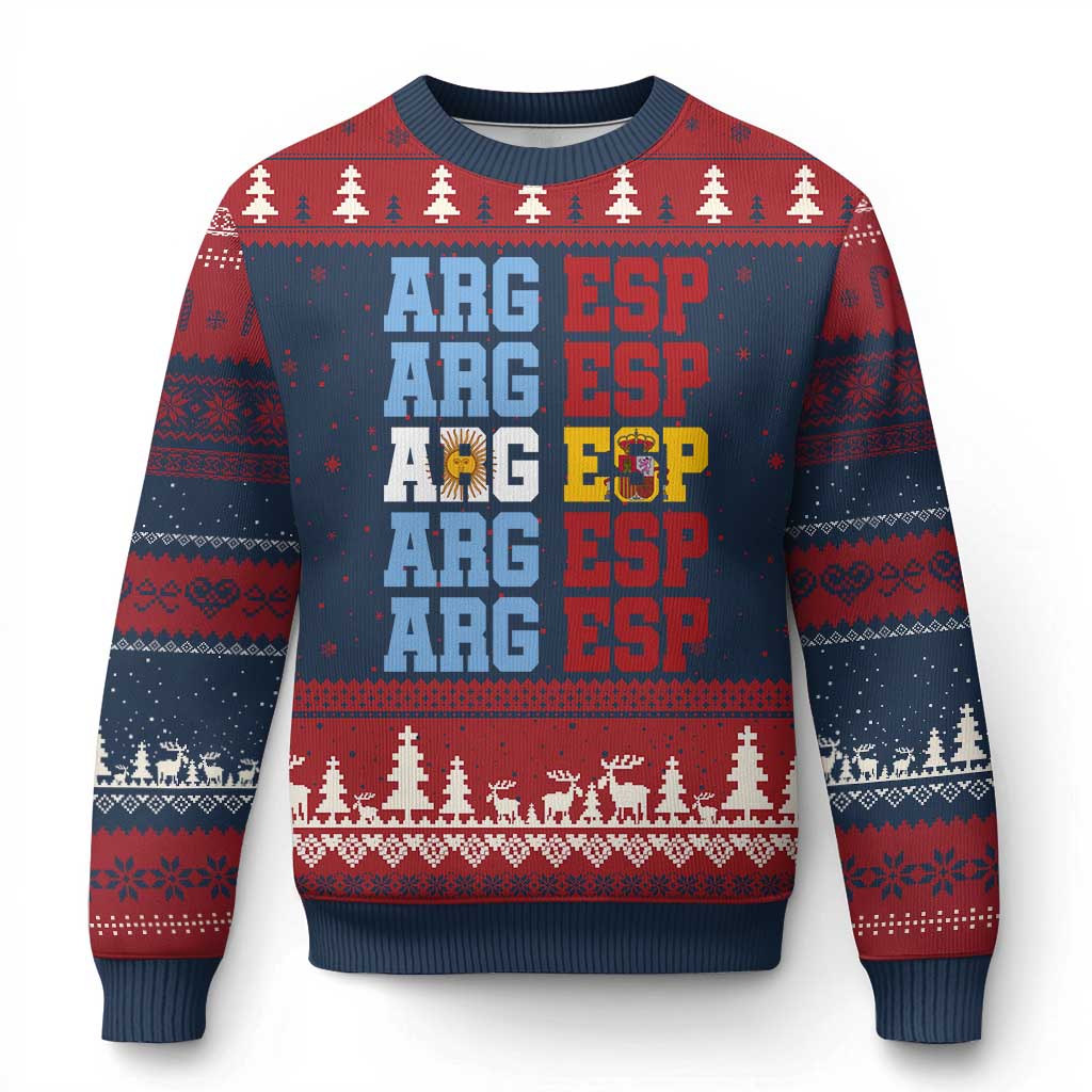 Retro ARG ESP Argentina Espana Flag Typography Graphic Ugly Christmas Sweater Country Code Dual Argentine Spainish Heritage Pride