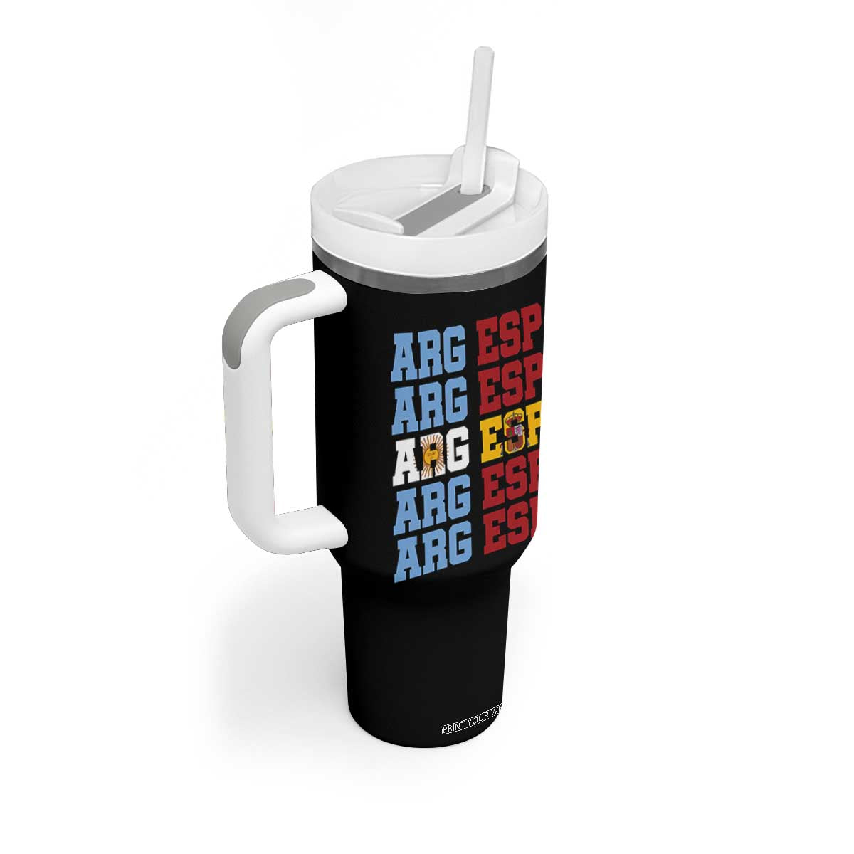 Retro ARG ESP Argentina Espana Flag Typography Graphic Tumbler With Handle Country Code Dual Argentine Spainish Heritage Pride