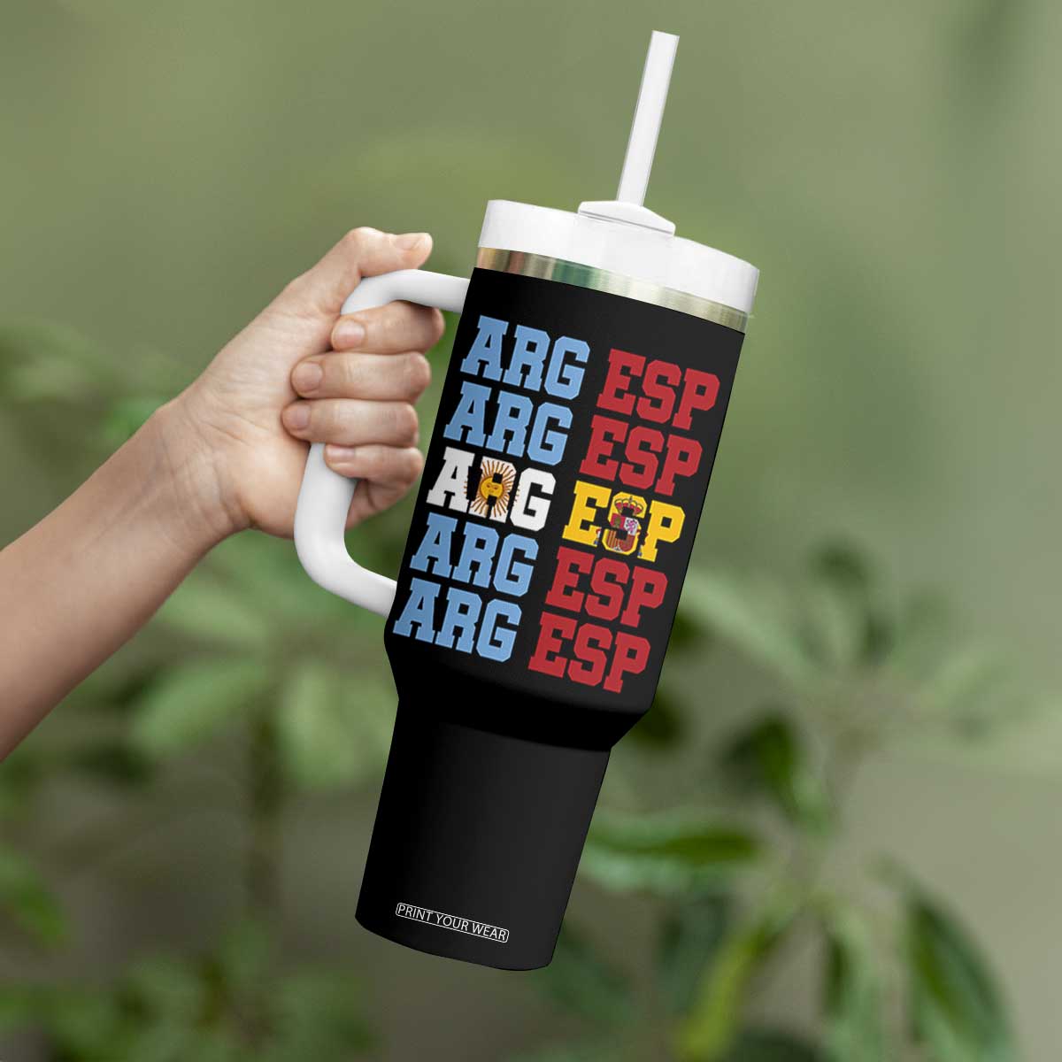 Retro ARG ESP Argentina Espana Flag Typography Graphic Tumbler With Handle Country Code Dual Argentine Spainish Heritage Pride
