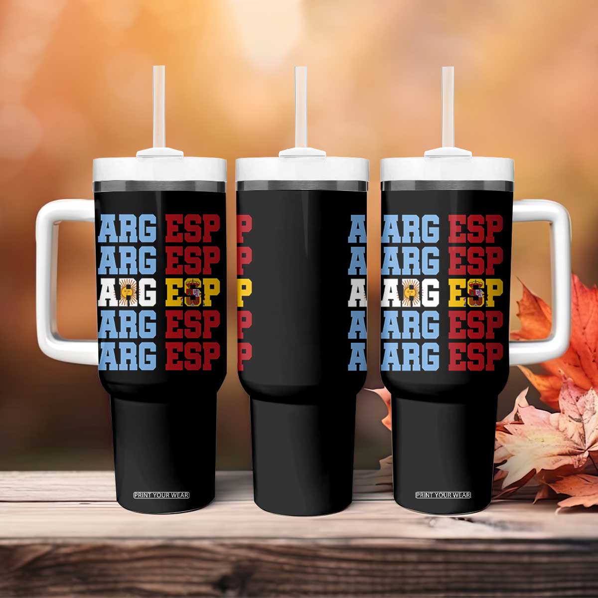 Retro ARG ESP Argentina Espana Flag Typography Graphic Tumbler With Handle Country Code Dual Argentine Spainish Heritage Pride