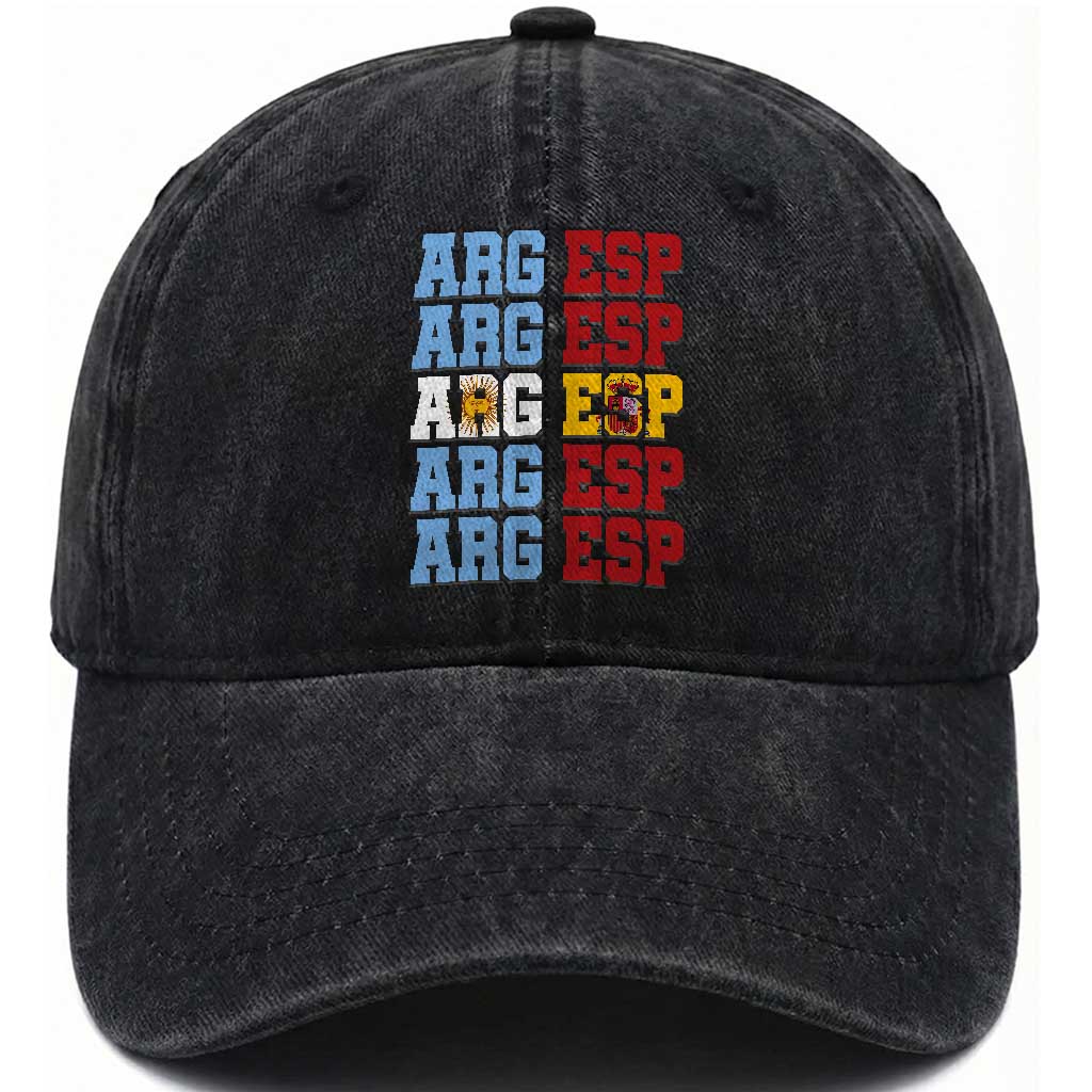 Retro ARG ESP Argentina Espana Flag Typography Graphic Washed Cotton Baseball Cap Country Code Dual Argentine Spanish Heritage Pride TS02 Print Your Wear