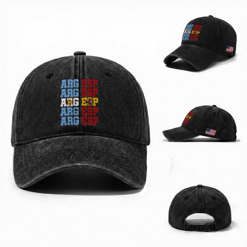 Retro ARG ESP Argentina Espana Flag Typography Graphic Washed Cotton Baseball Cap Country Code Dual Argentine Spainish Heritage Pride
