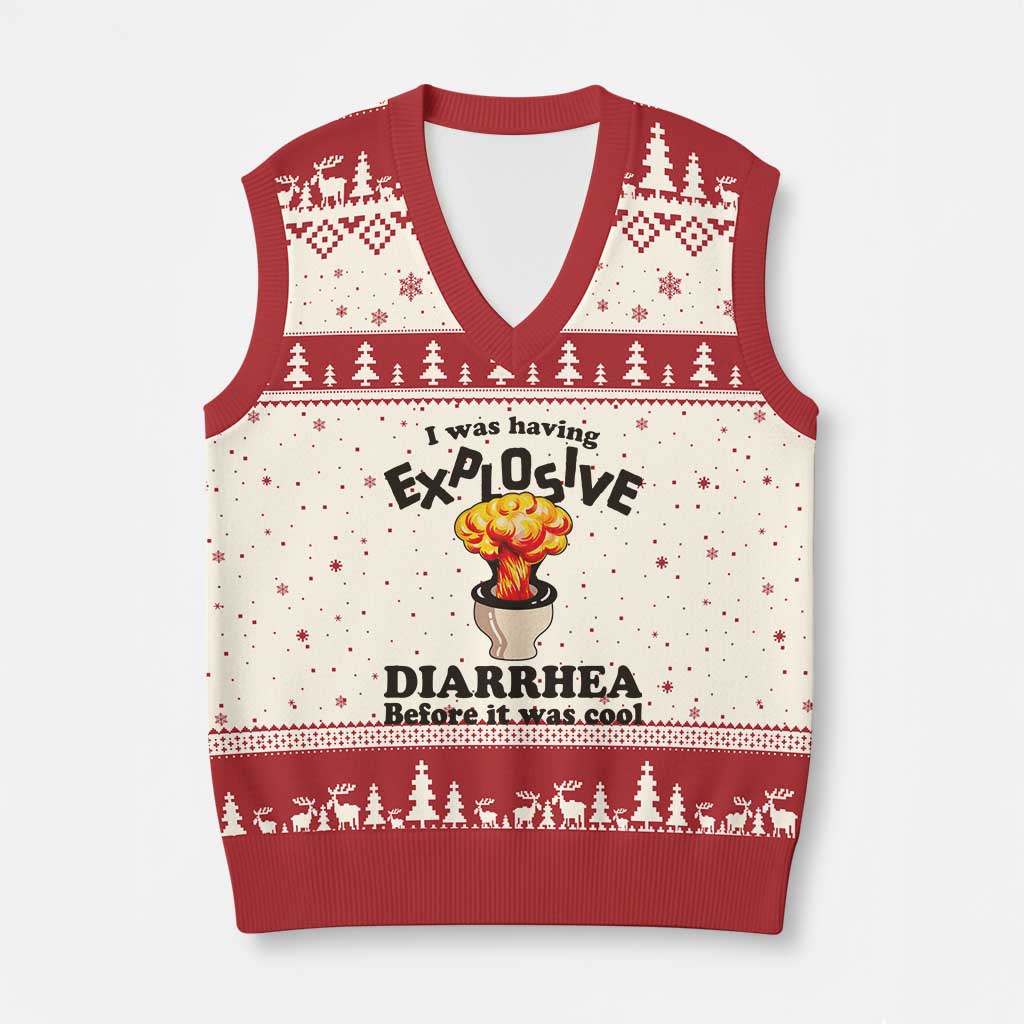 Funny Toilet Mushroom Cloud Gag Graphic V-Neck Knit Sweater Vest I Was Having Explosive Diarrhea Before It Was Cool TS02 Beige Red Print Your Wear