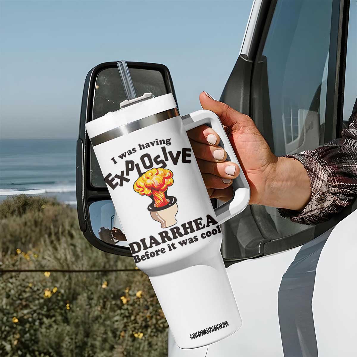 Funny Toilet Mushroom Cloud Gag Graphic Tumbler With Handle I Was Having Explosive Diarrhea Before It Was Cool