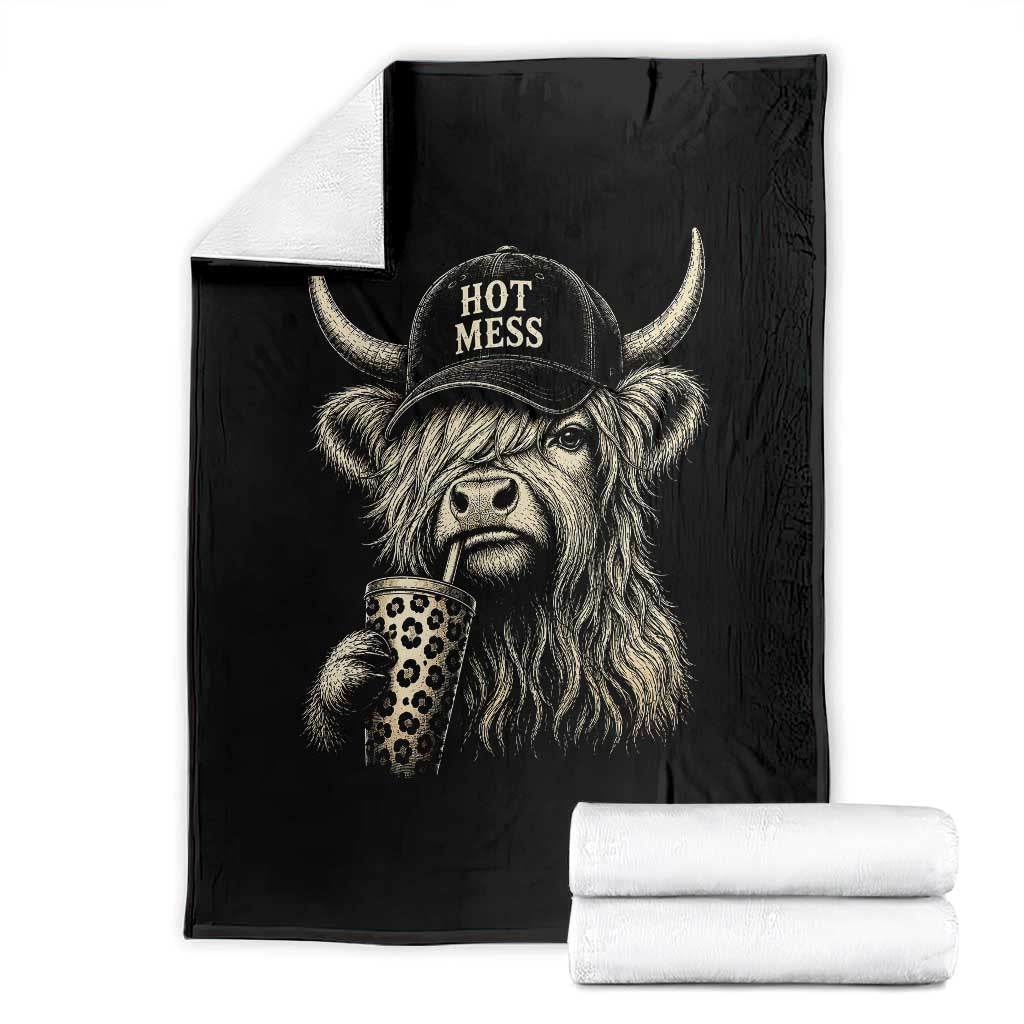 Hot Mess Highland Cow Sipping Iced Coffee Meme Throw Blanket Funny Sarcastic Everyday Life Country Western Style TS02 Black Print Your Wear
