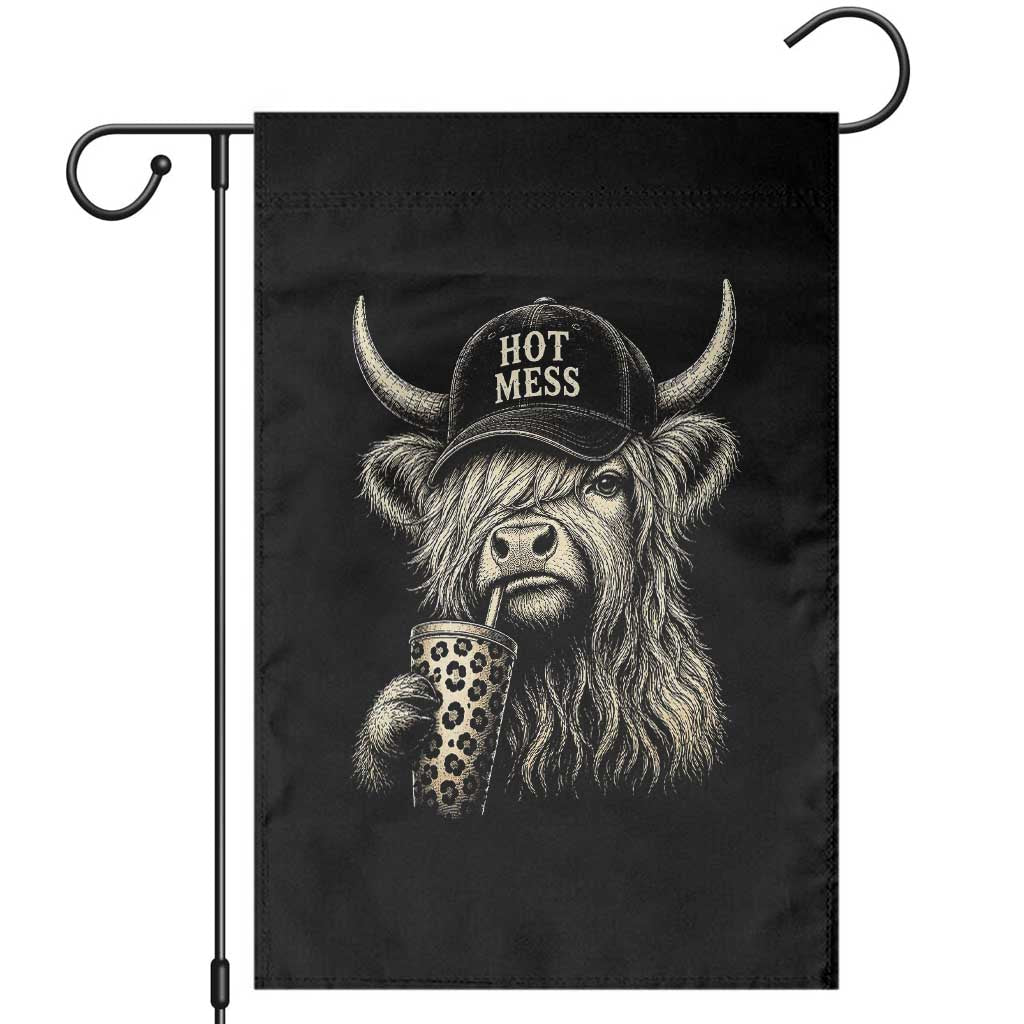 Hot Mess Highland Cow Sipping Iced Coffee Meme Garden Flag Funny Sarcastic Everyday Life Country Western Style TS02 Black Print Your Wear