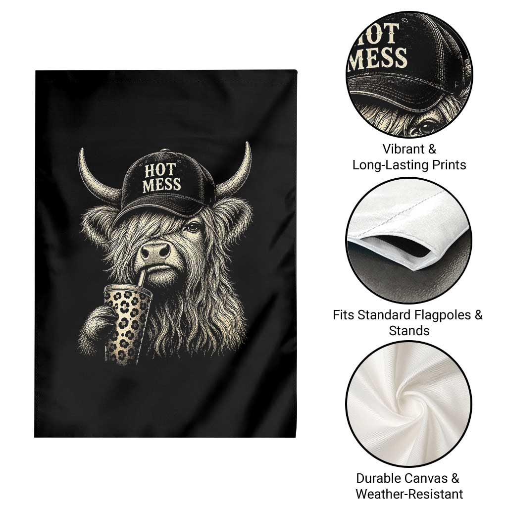 Hot Mess Highland Cow Sipping Iced Coffee Meme Garden Flag Funny Sarcastic Everyday Life Country Western Style