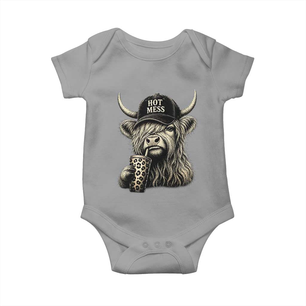 Hot Mess Highland Cow Sipping Iced Coffee Meme Baby Onesie Funny Sarcastic Everyday Life Country Western Style TS02 Sport Gray Print Your Wear