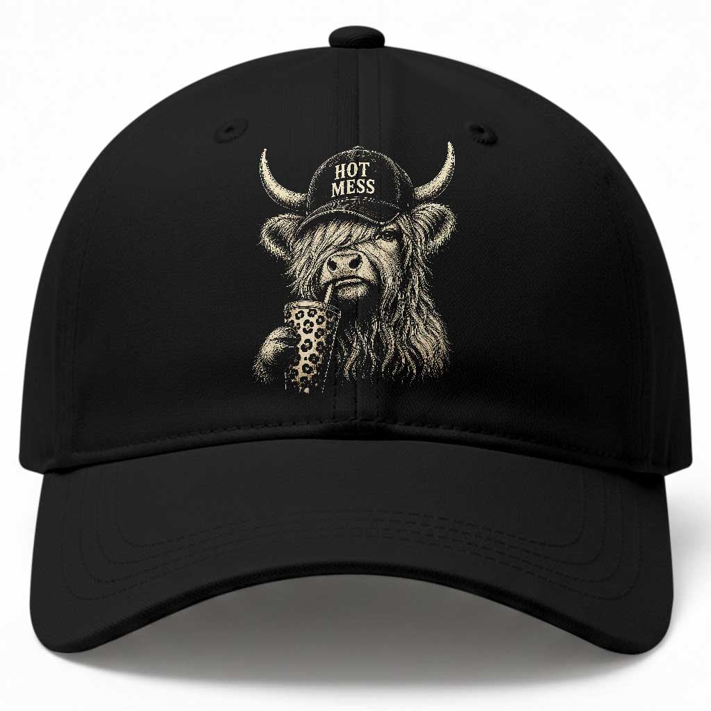 Hot Mess Highland Cow Sipping Iced Coffee Meme Baseball Cap Funny Sarcastic Everyday Life Country Western Style TS02 Print Your Wear