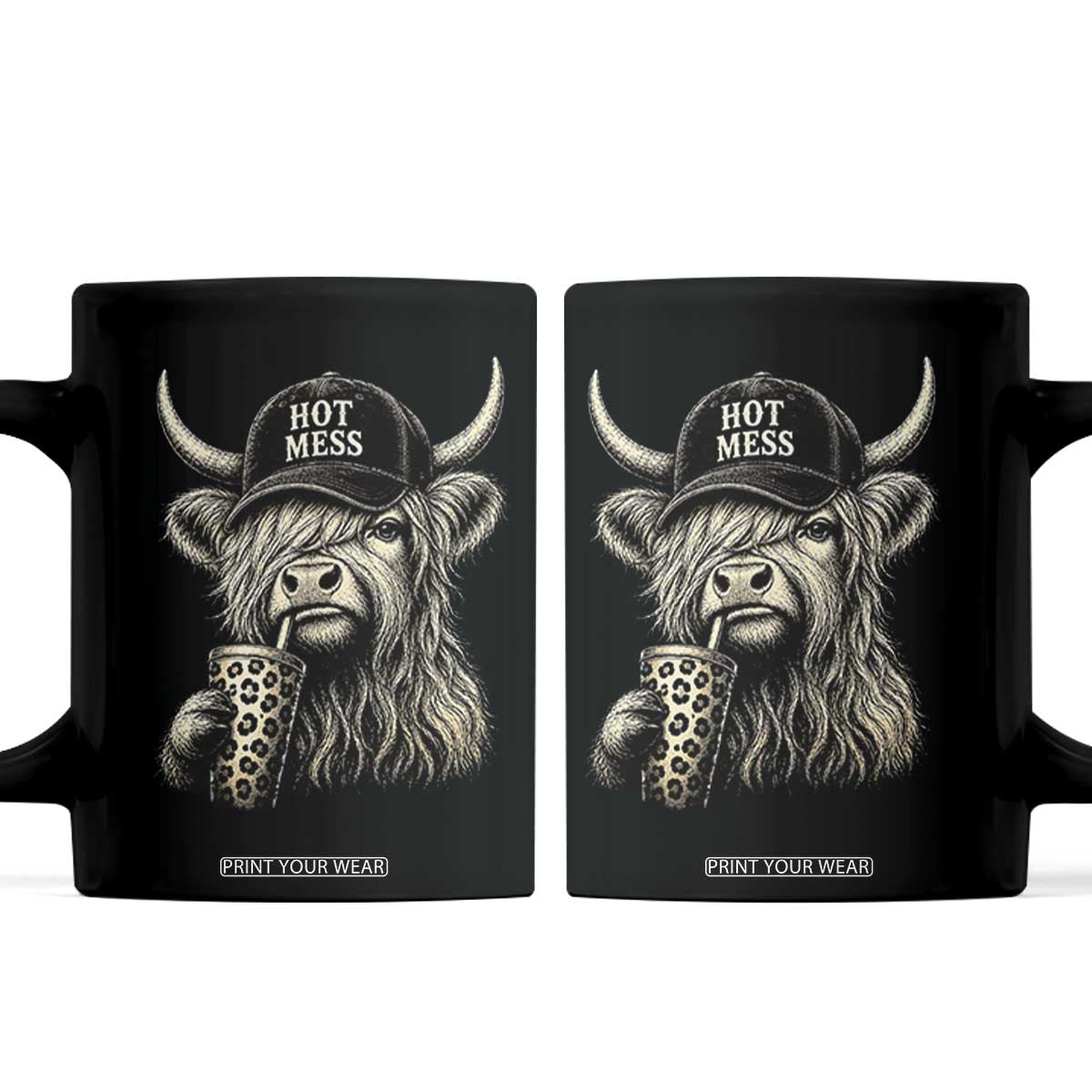 Hot Mess Highland Cow Sipping Iced Coffee Meme Coffee Mug Funny Sarcastic Everyday Life Country Western Style