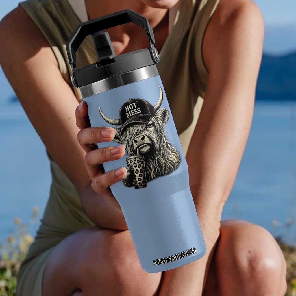Hot Mess Highland Cow Sipping Iced Coffee Meme Flip Straw Tumbler Funny Sarcastic Everyday Life Country Western Style TS02 One Size: 30 oz Light Blue Print Your Wear