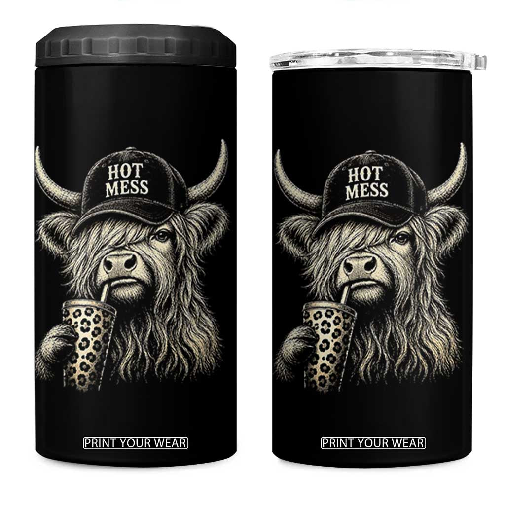 Hot Mess Highland Cow Sipping Iced Coffee Meme 4 in 1 Can Cooler Tumbler Funny Sarcastic Everyday Life Country Western Style