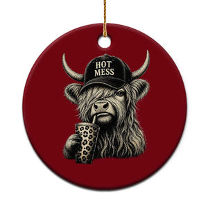 Hot Mess Highland Cow Sipping Iced Coffee Meme Ceramic Ornament Funny Sarcastic Everyday Life Country Western Style