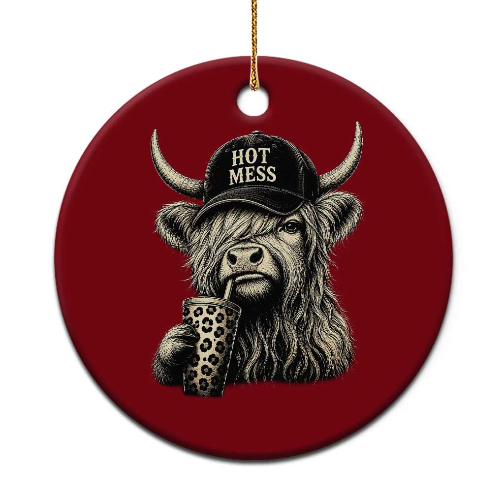 Hot Mess Highland Cow Sipping Iced Coffee Meme Ceramic Ornament Funny Sarcastic Everyday Life Country Western Style TS02 1pc Red Print Your Wear