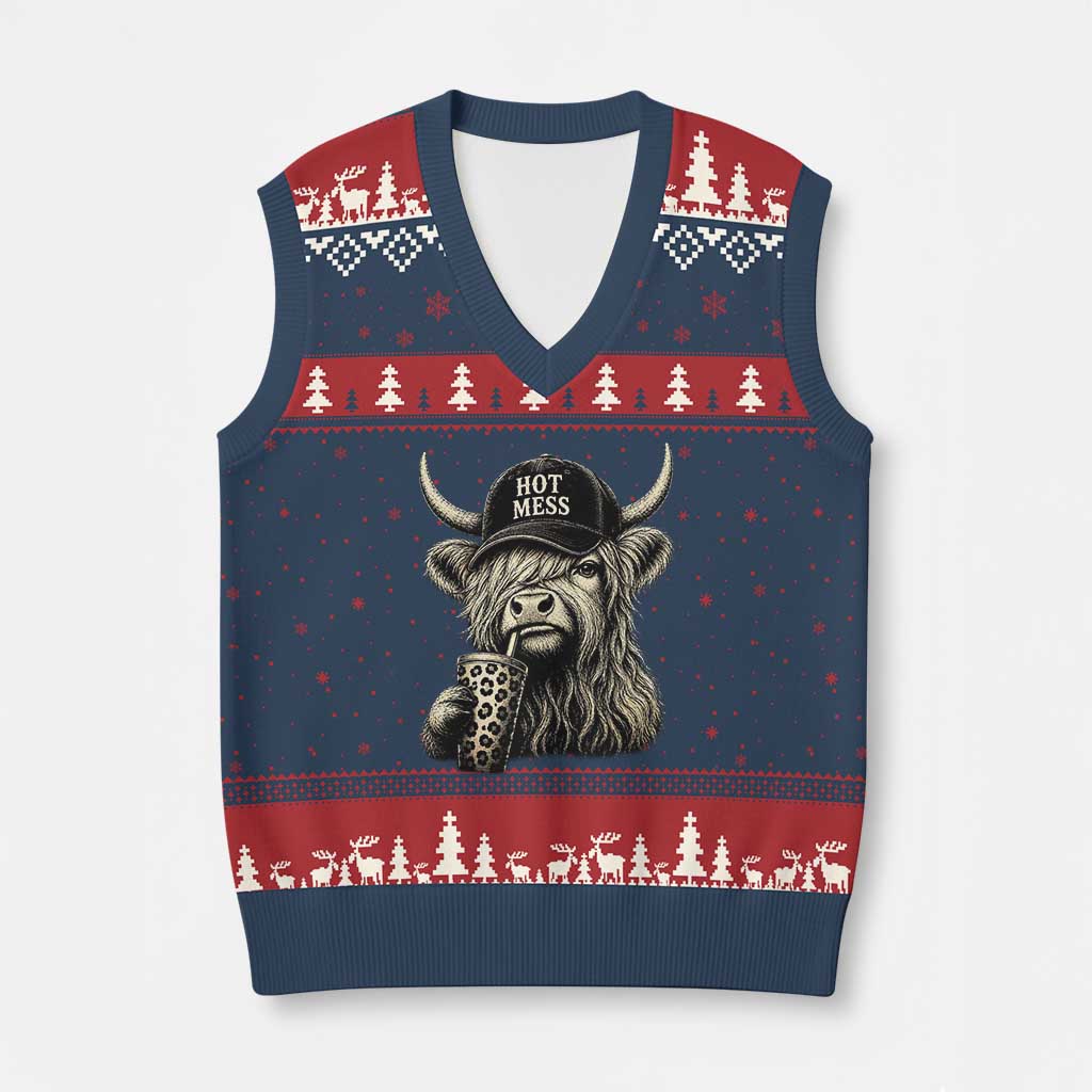 Hot Mess Highland Cow Sipping Iced Coffee Meme V-Neck Knit Sweater Vest Funny Sarcastic Everyday Life Country Western Style TS02 Navy Red Print Your Wear