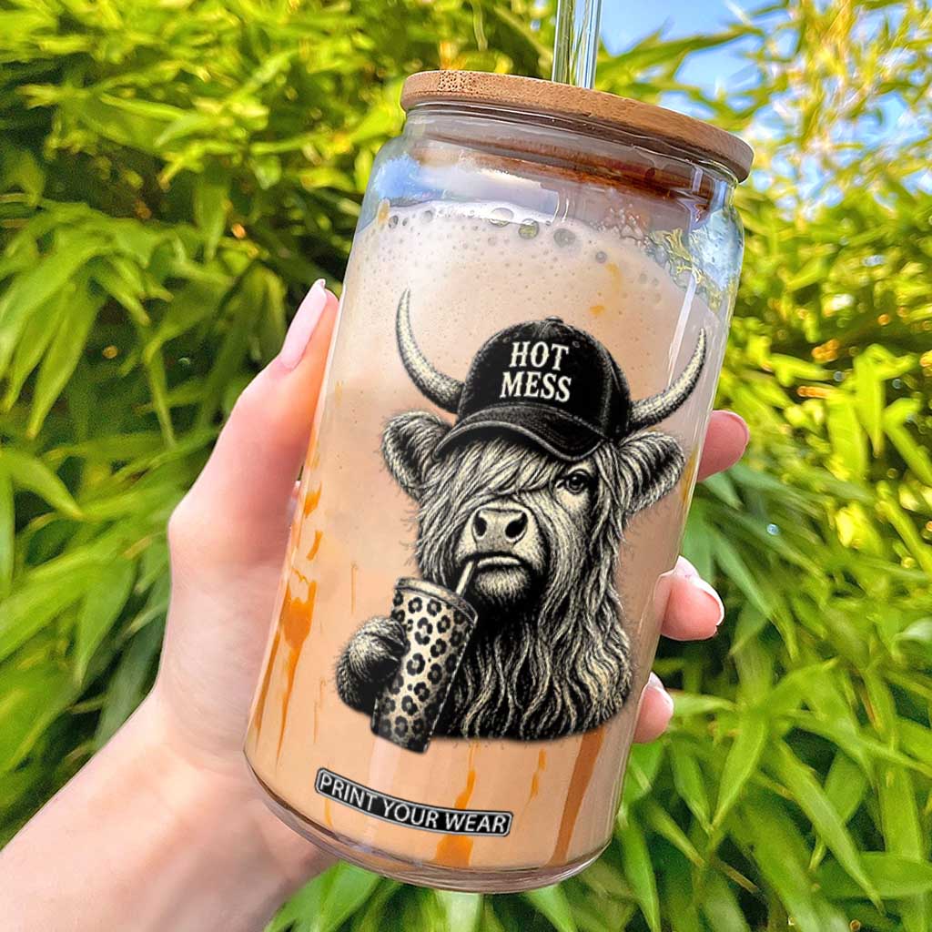 Hot Mess Highland Cow Sipping Iced Coffee Meme Glass Can Funny Sarcastic Everyday Life Country Western Style TS02 Black Print Your Wear