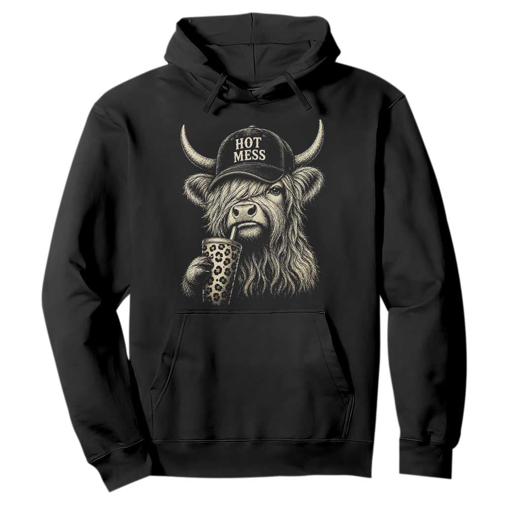 Hot Mess Highland Cow Sipping Iced Coffee Meme Hoodie Funny Sarcastic Everyday Life Country Western Style TS02 Black Print Your Wear