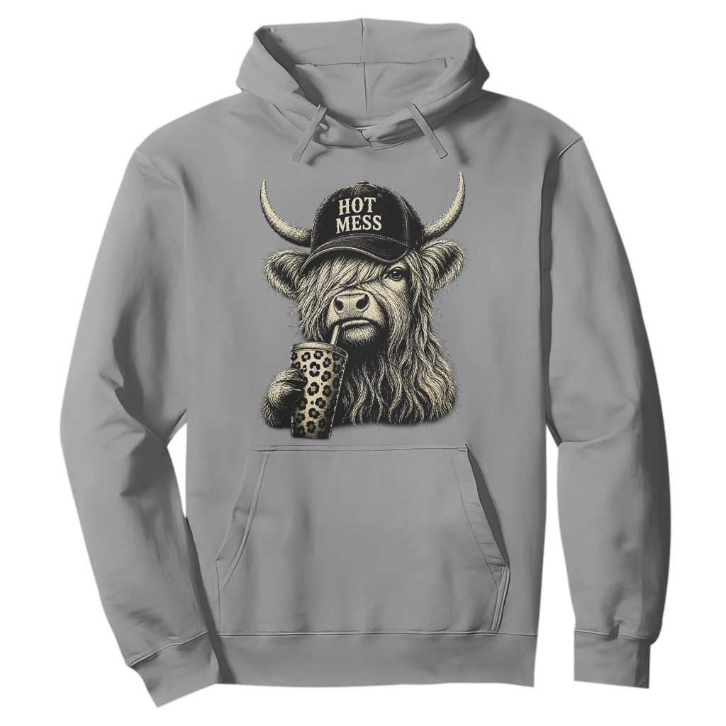 Hot Mess Highland Cow Sipping Iced Coffee Meme Hoodie Funny Sarcastic Everyday Life Country Western Style TS02 Sport Gray Print Your Wear