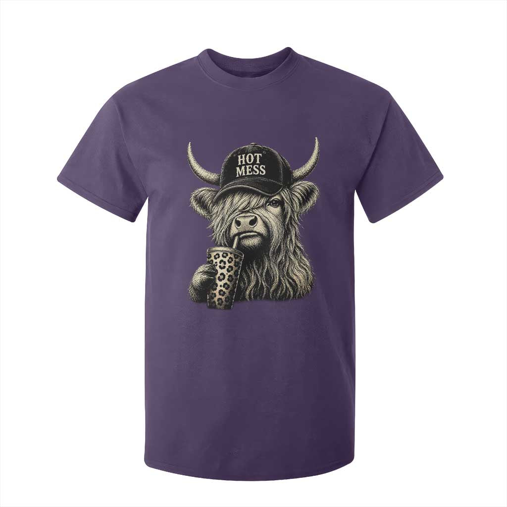 Hot Mess Highland Cow Sipping Iced Coffee Meme T Shirt For Kid Funny Sarcastic Everyday Life Country Western Style TS02 Purple Print Your Wear